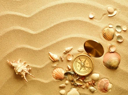 A still life 4K Ultra HD wallpaper featuring a man-made compass and various seashells arranged on rippled sand.