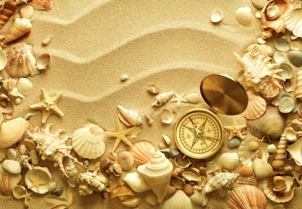 4K Ultra HD PC desktop wallpaper: brass compass amid seashells and starfish on rippled golden sand, a nature-inspired beach background.