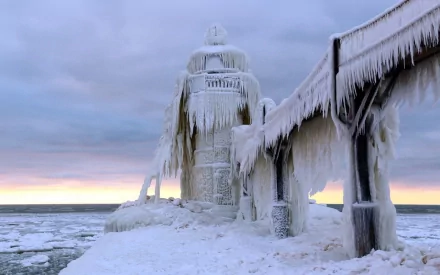 HD desktop wallpaper of a man-made lighthouse covered in thick ice and icicles, standing against a cold, cloudy sky by a frozen sea.