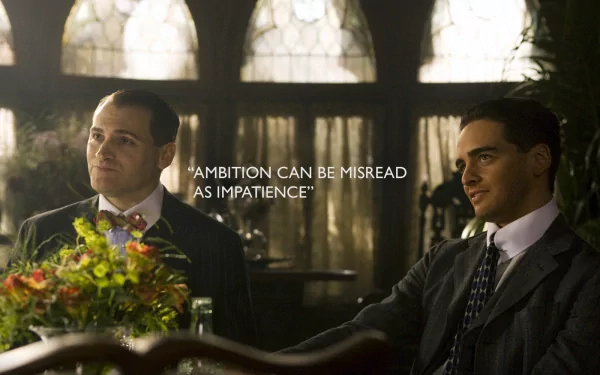 HD PC desktop wallpaper of Boardwalk Empire scene: two suited men seated at an ornate table in a dim, antique parlor with the overlaid quote Ambition can be misread as impatience.