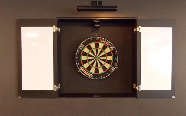 HD photo of a man-made dartboard with open cabinet doors, showcasing a classic dart board setup against a dark background.