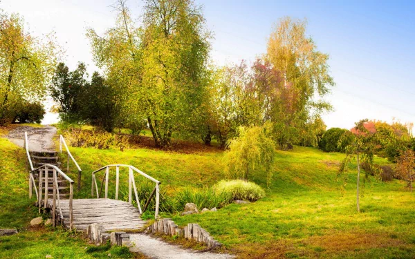 Man-made wooden bridge crossing grassy parkland with trees and bright sky — 2K Quad HD PC desktop wallpaper background.
