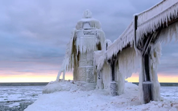 HD desktop wallpaper of a man-made lighthouse covered in thick ice and icicles, standing against a cold, cloudy sky by a frozen sea.