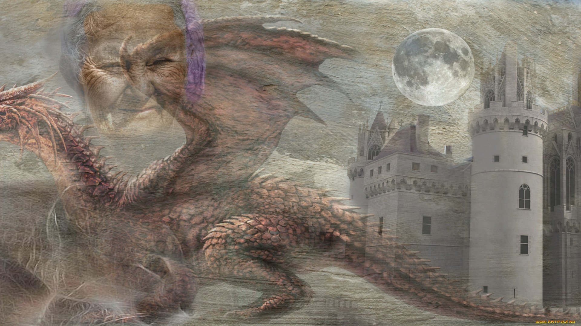 Fantasy dragon HD PC desktop wallpaper/background showing a red-scaled dragon coiled before a moonlit stone castle, a ghostly elderly face overlaying the cloudy sky.