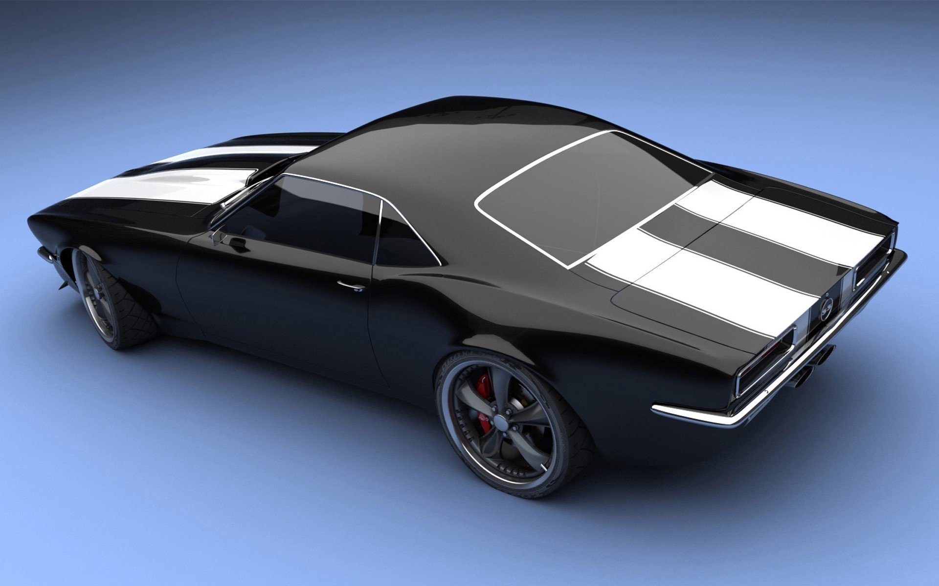 HD PC desktop wallpaper featuring a sleek black Chevrolet Camaro SS with white racing stripes, showcased against a smooth gradient background.