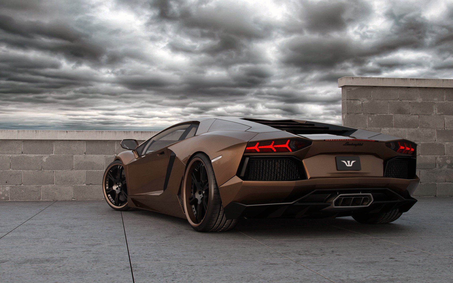 A striking Lamborghini Aventador parked against a moody sky, showcasing its sleek design and powerful stance. Ideal HD desktop wallpaper and background for car enthusiasts.