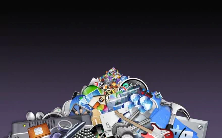 HD desktop wallpaper for Mac OS X and PC showing a mound of colorful technology icons, gadgets and app symbols against a dark gradient background.