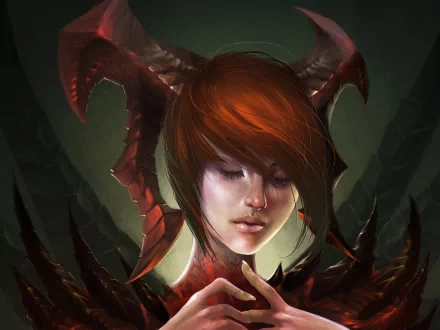 Leah from Diablo III, depicted with striking features and demonic horns, serves as a captivating HD wallpaper and background for fans of the video game.