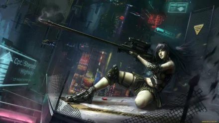 A futuristic woman warrior with a tattoo aims her rifle from a high vantage point in a vibrant sci-fi city, surrounded by neon lights and urban chaos.