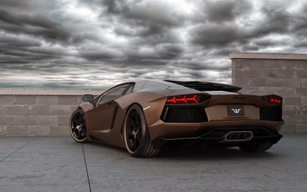 A striking Lamborghini Aventador parked against a moody sky, showcasing its sleek design and powerful stance. Ideal HD desktop wallpaper and background for car enthusiasts.