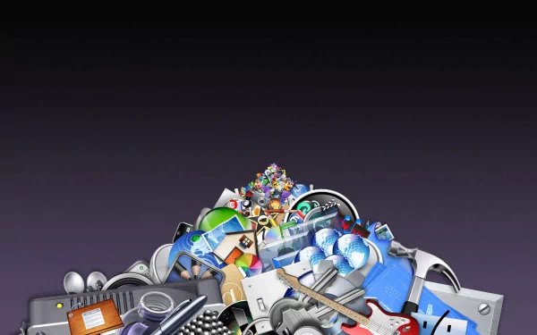 HD desktop wallpaper for Mac OS X and PC showing a mound of colorful technology icons, gadgets and app symbols against a dark gradient background.