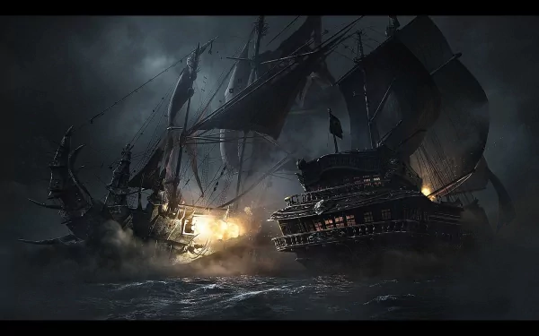 A dramatic HD wallpaper from World of Warcraft: Mists of Pandaria, depicting two ships clashing in a stormy sea, illuminated by flashes of light against a dark, moody backdrop.