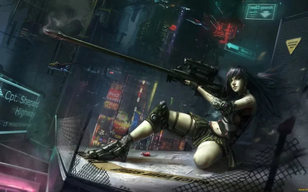 A futuristic woman warrior with a tattoo aims her rifle from a high vantage point in a vibrant sci-fi city, surrounded by neon lights and urban chaos.