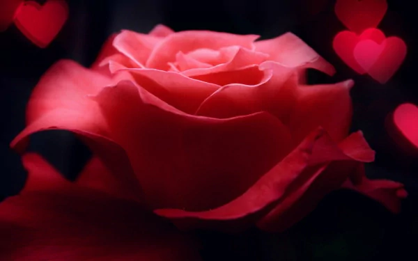 A stunning close-up of a vibrant red rose, elegantly showcased against a softly blurred background of hearts, making it a beautiful nature-themed HD desktop wallpaper.