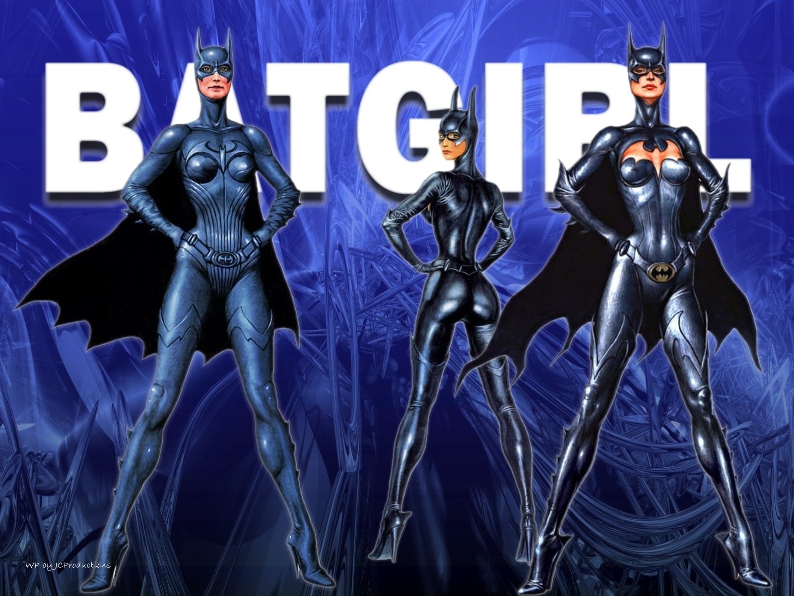 HD PC desktop wallpaper featuring three comic-style Batgirl characters in dynamic poses against a blue backdrop with bold BATGIRL text.