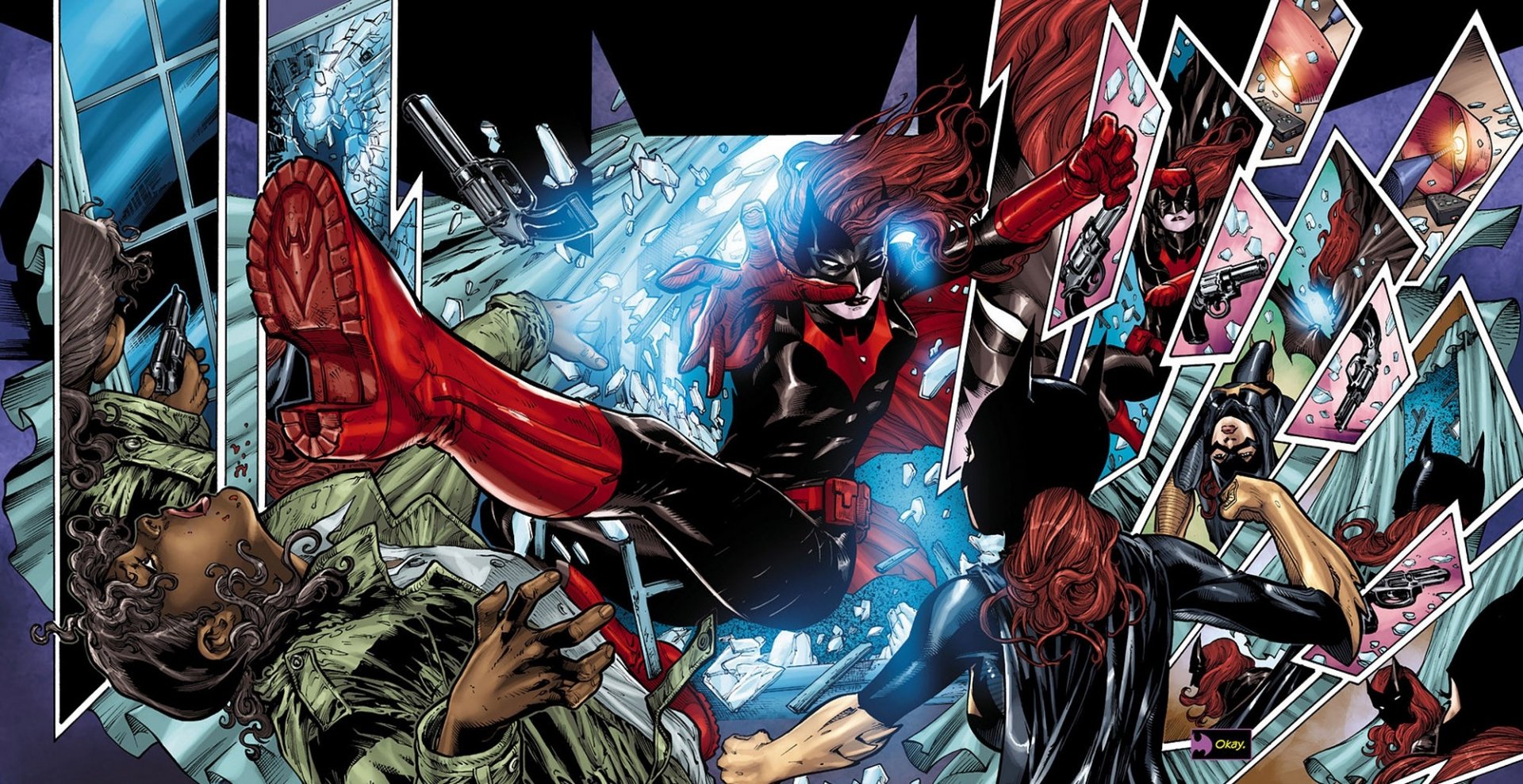 HD PC desktop wallpaper featuring dynamic comic-style Batwoman in action, surrounded by shattered glass and intense scenes from the comic panels.