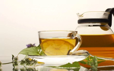 HD PC desktop wallpaper featuring a clear glass cup and pot of amber tea surrounded by fresh green herbs on a light background.