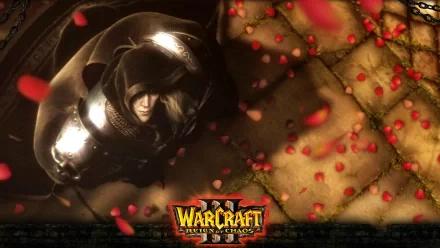 HD PC desktop wallpaper featuring a dark, armored character surrounded by red petals from the video game Warcraft III: Reign of Chaos.