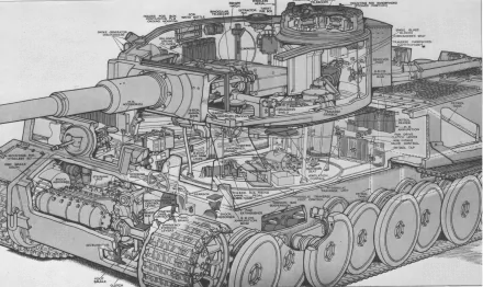 Detailed technical blueprint of the Tiger I tank, showcasing its internal components and mechanical structure, designed as an HD military-themed desktop wallpaper.