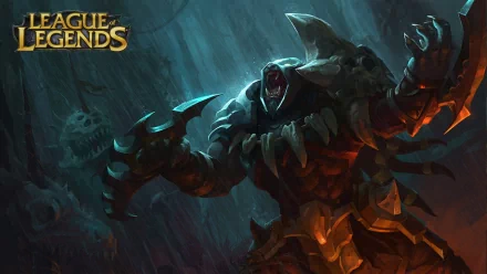 Rengar from League of Legends stands menacingly in this HD wallpaper, showcasing his fierce claws and powerful presence amid a dark, atmospheric background.