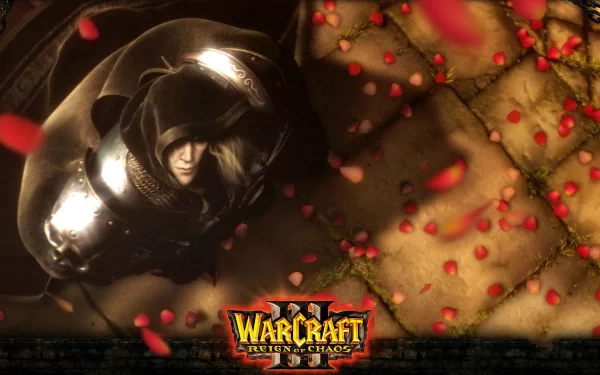 HD PC desktop wallpaper featuring a dark, armored character surrounded by red petals from the video game Warcraft III: Reign of Chaos.