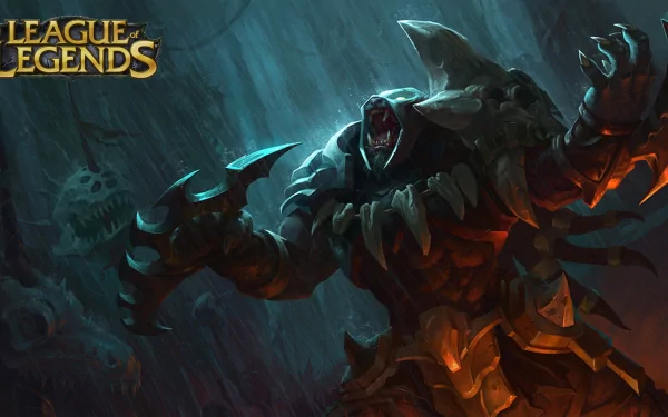 Rengar from League of Legends stands menacingly in this HD wallpaper, showcasing his fierce claws and powerful presence amid a dark, atmospheric background.