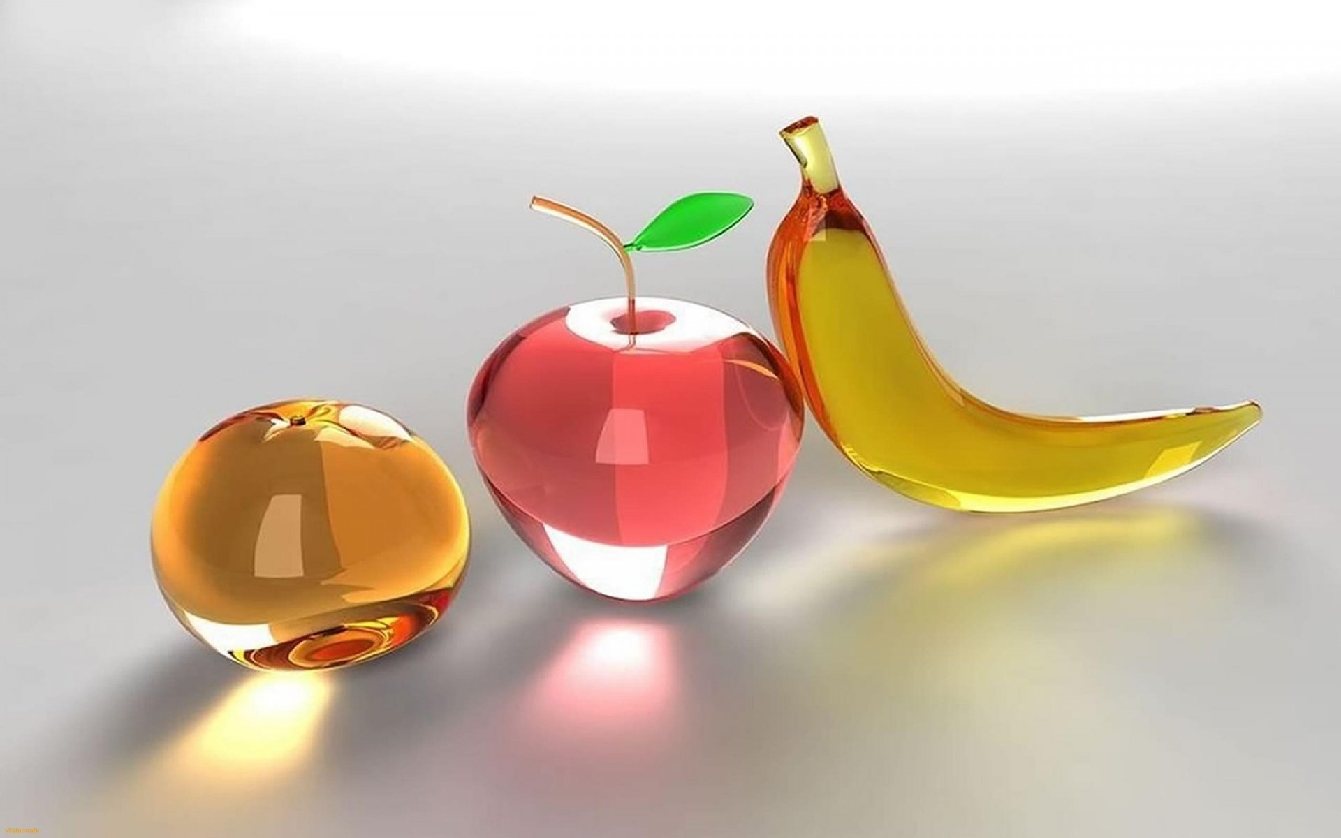 HD artistic 3D desktop wallpaper featuring glass-like renderings of an orange, a red apple with a green leaf, and a yellow banana on a reflective surface.