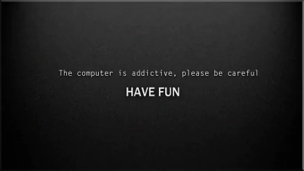 A humorous HD PC desktop wallpaper featuring the text, The computer is addictive, please be careful. HAVE FUN, on a sleek black background.