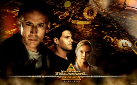 High-definition wallpaper featuring Diane Kruger and Nicolas Cage in an adventurous scene from National Treasure: Book of Secrets, highlighting mystery and treasure hunting.