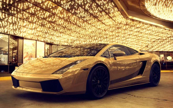 A striking Lamborghini Gallardo Superleggera parked in a luxurious setting, enhanced by dazzling lights, serving as a stunning HD desktop wallpaper.