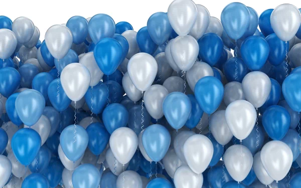 HD desktop wallpaper featuring a vibrant photograph of numerous blue and white balloons clustered together against a soft background.
