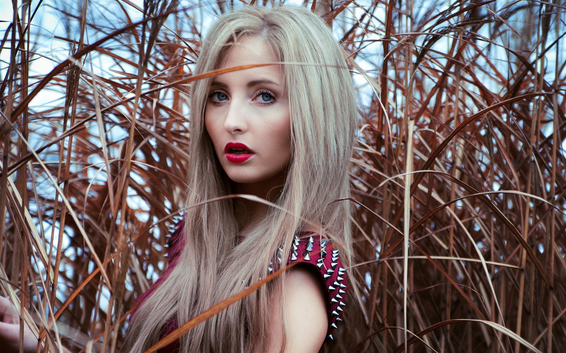 HD PC desktop wallpaper: close-up portrait of a woman’s face with long blonde hair and red lips framed by tall brown grasses.