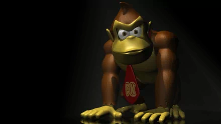 HD 3D cartoon video-game gorilla (Donkey Kong) crouched on a dark background, ape wearing a red tie — PC desktop wallpaper.