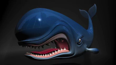 A 3D depiction of Monstro, the monstrous whale from Disney's Pinocchio, showcasing sharp teeth and a vivid blue hue, set against a dark background, evoking a fantastical ocean theme.