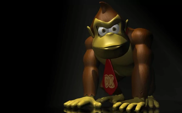 HD 3D cartoon video-game gorilla (Donkey Kong) crouched on a dark background, ape wearing a red tie — PC desktop wallpaper.