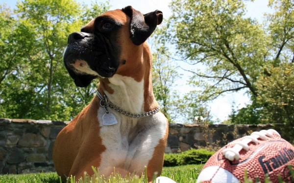 HD PC desktop wallpaper/background of an animal, a fawn boxer dog with a chain collar seated on grass beside a football, stone wall and leafy trees behind.