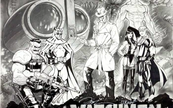 Black-and-white HD comic wallpaper featuring Watchmen characters Doctor Manhattan, Silk Spectre, Rorschach, Nite Owl, and The Comedian, illustrated by Jim Lee.