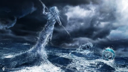 A dramatic HD desktop wallpaper featuring a water-themed artistic scene with a mermaid-like figure amidst turbulent waves and stormy skies, evoking a sense of mystery and depth.