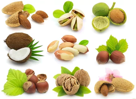 A vibrant 4K Ultra HD PC desktop wallpaper featuring an array of nuts, including almonds, pistachios, and macadamia nuts, beautifully arranged with green leaves.