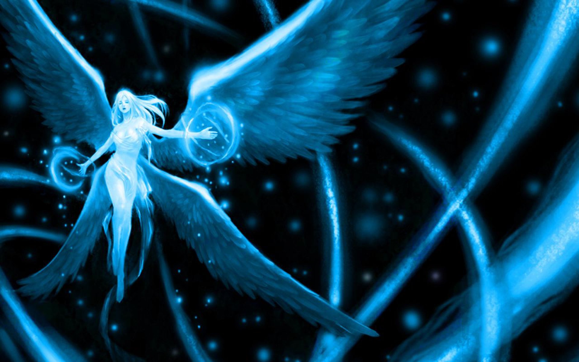 HD fantasy desktop wallpaper featuring a glowing blue angel with large wings against a starry, cosmic background.
