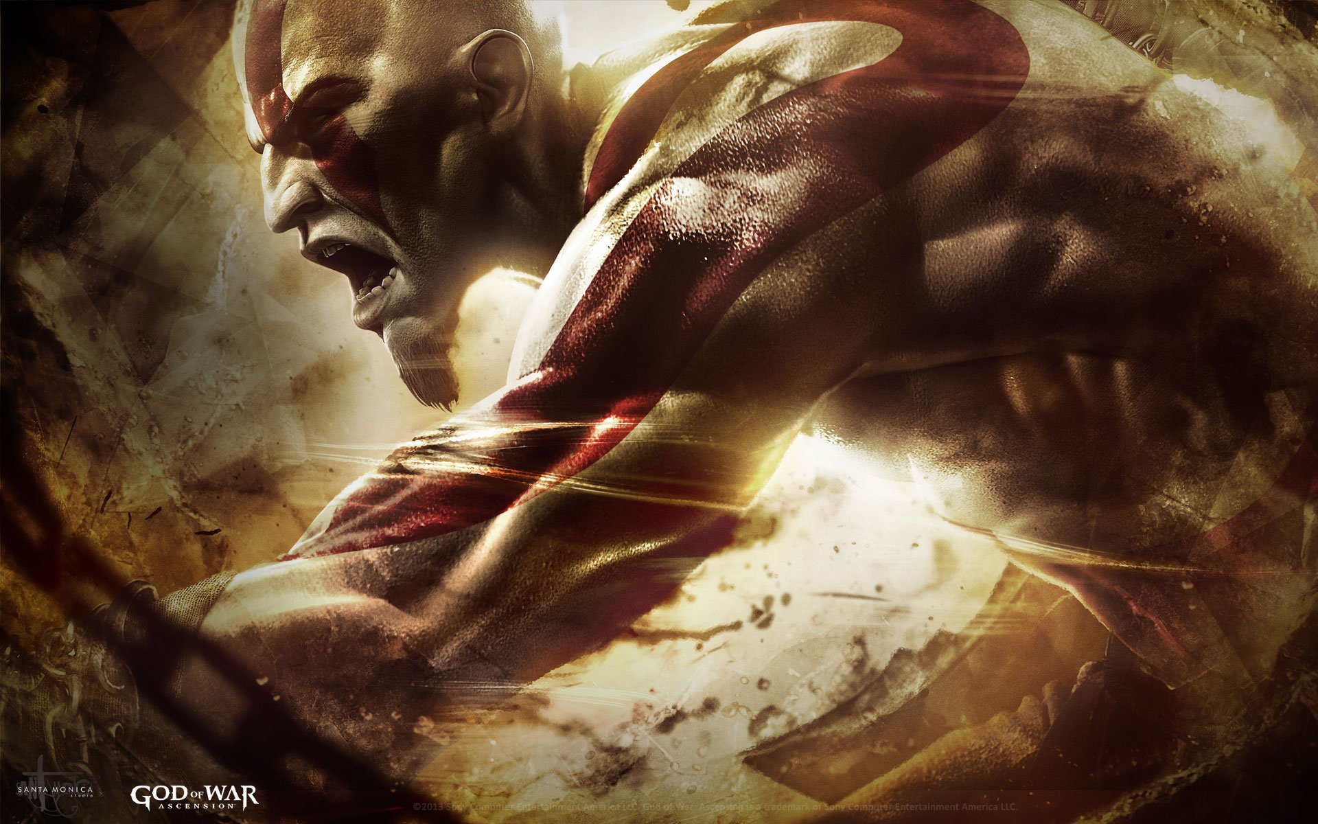 HD PC desktop wallpaper featuring a powerful, intense image of Kratos from the video game God of War: Ascension in action.