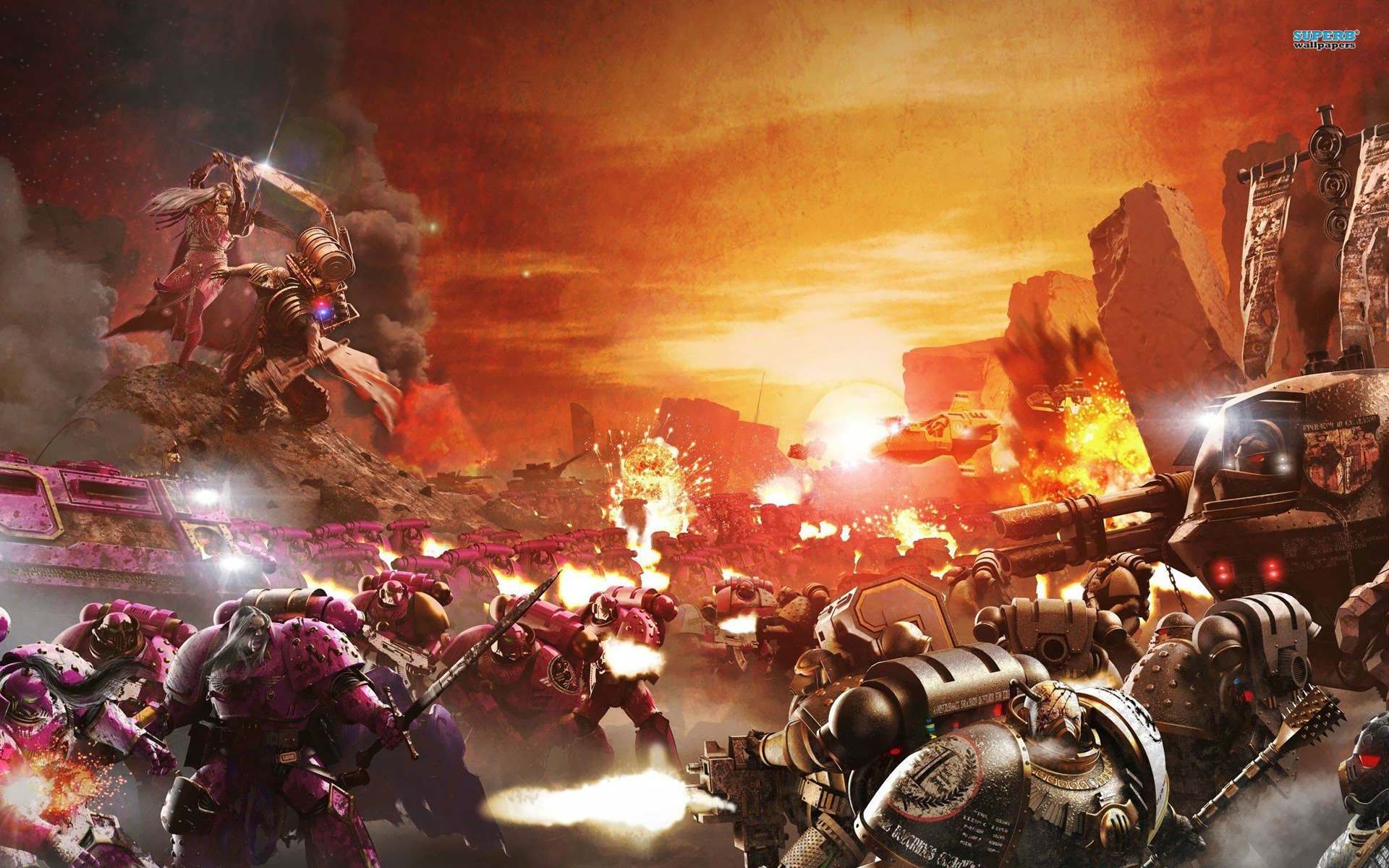 HD PC desktop wallpaper/background: Warhammer: Mark of Chaos video game battle scene — armored Space Marines and Chaos warriors clash amid fire, smoke and ruined structures under a blazing sky.