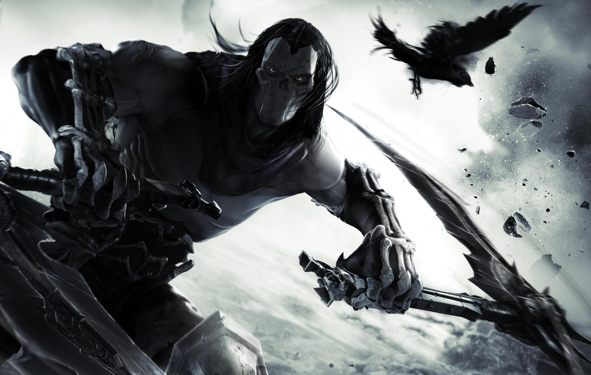 4K Ultra HD PC desktop wallpaper featuring a dark, intense scene from the video game Darksiders II with the protagonist wielding weapons and a raven flying nearby.
