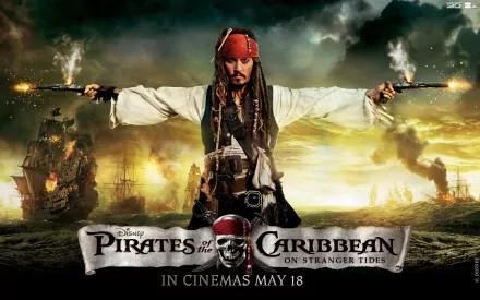Jack Sparrow, portrayed by Johnny Depp, stands confidently with guns drawn in a dramatic scene from Pirates of the Caribbean: On Stranger Tides, featuring ships in the background.