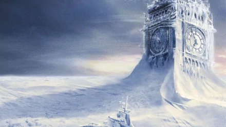 HD PC desktop wallpaper background: scene from the movie The Day After Tomorrow with Big Ben and London buried in ice and snow beneath a bleak, stormy sky.