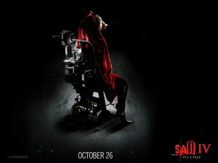 HD PC desktop wallpaper featuring a dark, eerie scene from the horror movie Saw IV, showing a figure in a red hood sitting in a mechanical chair against a black background.