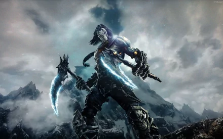 HD PC desktop wallpaper featuring a fierce character from the video game Darksiders II, wielding glowing weapons against a dark, stormy mountainous backdrop.