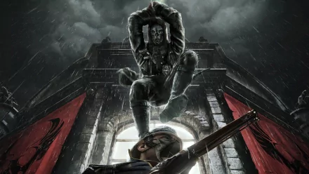 HD PC desktop wallpaper featuring Corvo Attano from the video game Dishonored, poised in a dramatic, rain-soaked scene with his mask and weapons visible.