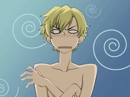 HD PC desktop wallpaper featuring a blushing, surprised blond character from the manga and anime Ouran High School Host Club with swirling patterns in the background.