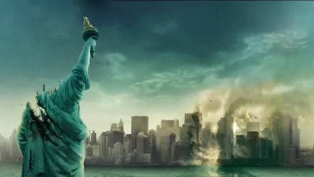 HD PC desktop wallpaper/background — Cloverfield movie scene: Statue of Liberty overlooking a smoking, damaged New York skyline with water and swirling debris.